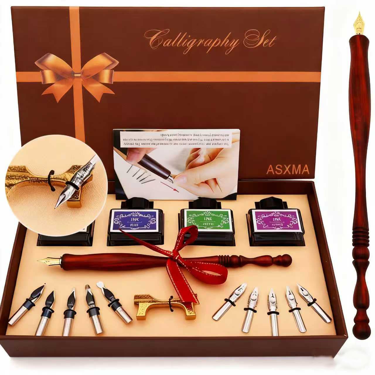 Calligraphy Pen Set – Includes Wooden Dip Pen, Antique Brass Holder, 11 Nibs, 4 Colors Ink Bottles and Beginner's Manual-for Beginners and Calligraphy Lovers