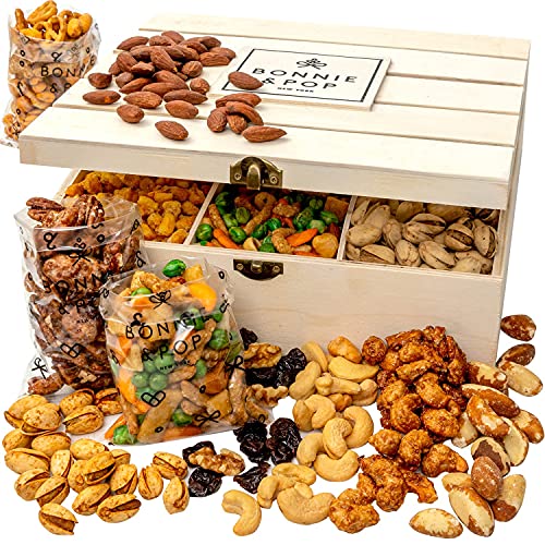 Nut Gift Basket | Healthy Gift Of Assorted Nuts In Reusable Wood Crate | Large Variety Tray With Unique Flavors | Parties, Holidays, Birthday, Sympathy, Office, Thank You, Sympathy, Mom, Dad, Husband, Wife | Bonnie & Pop #TOP1