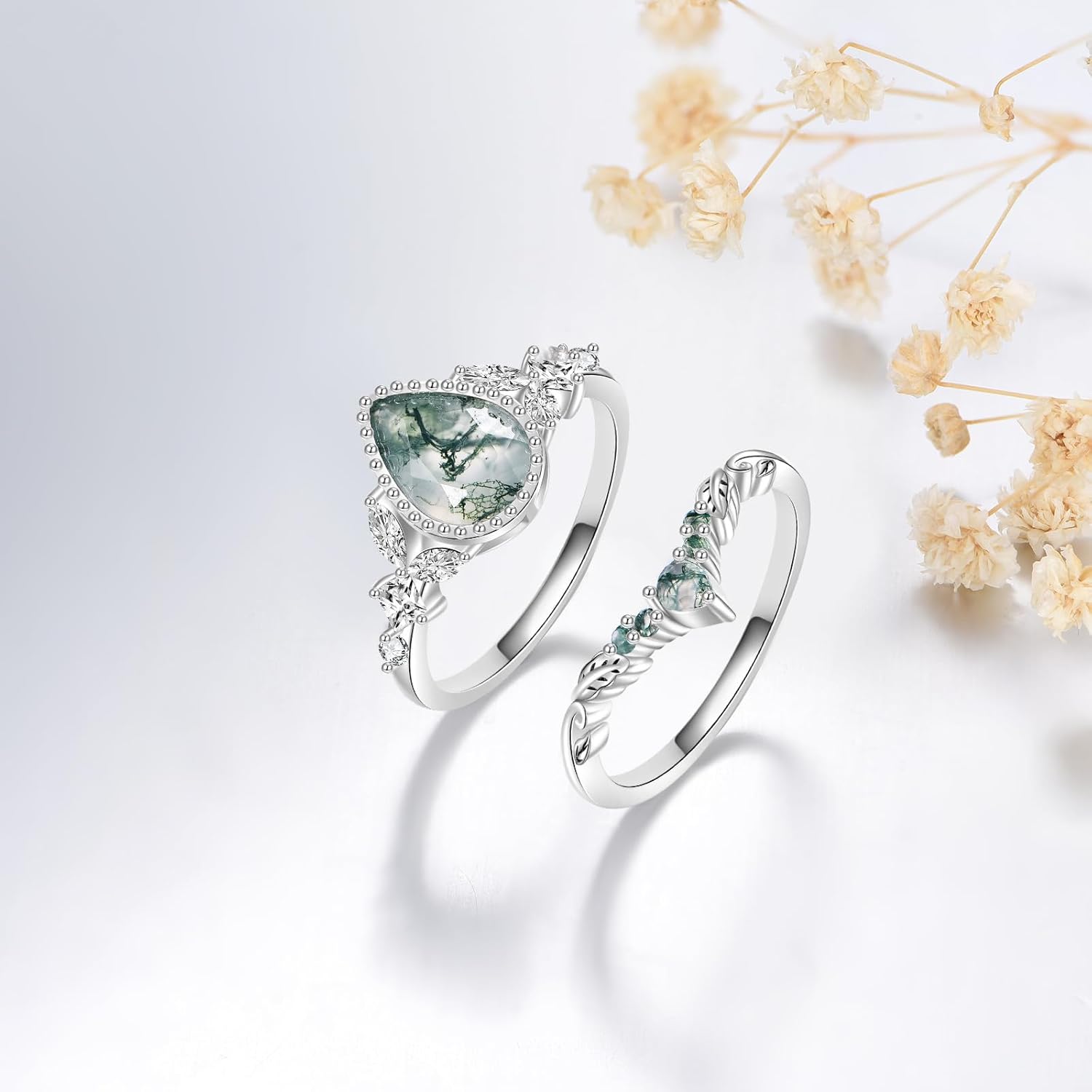 Natural Moss Agate Ring for Women 2CT Pear/Oval/Kite Cut 2 Pieces Engagement Ring Set Sterling Silve Wedding Leaf Vintage Bridal Promise Ring With Gift Box - Image 3