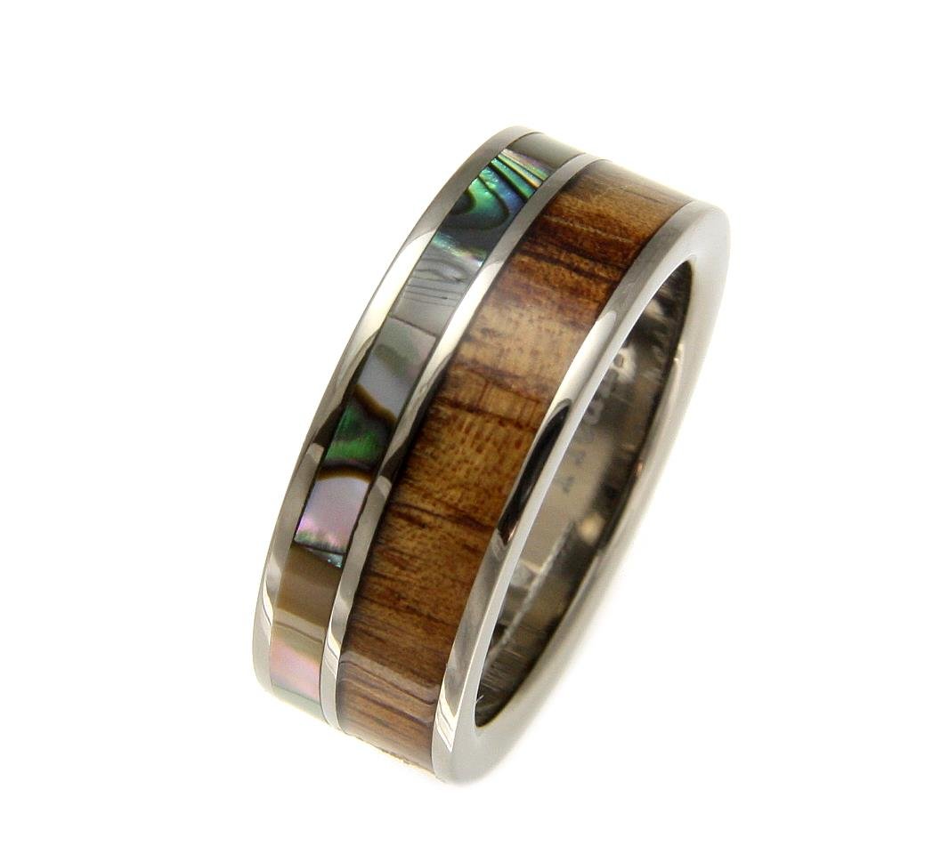 Arthur's JewelryGenuine inlay Hawaiian koa wood abalone wedding band ring titanium 8mm size 8 to 12