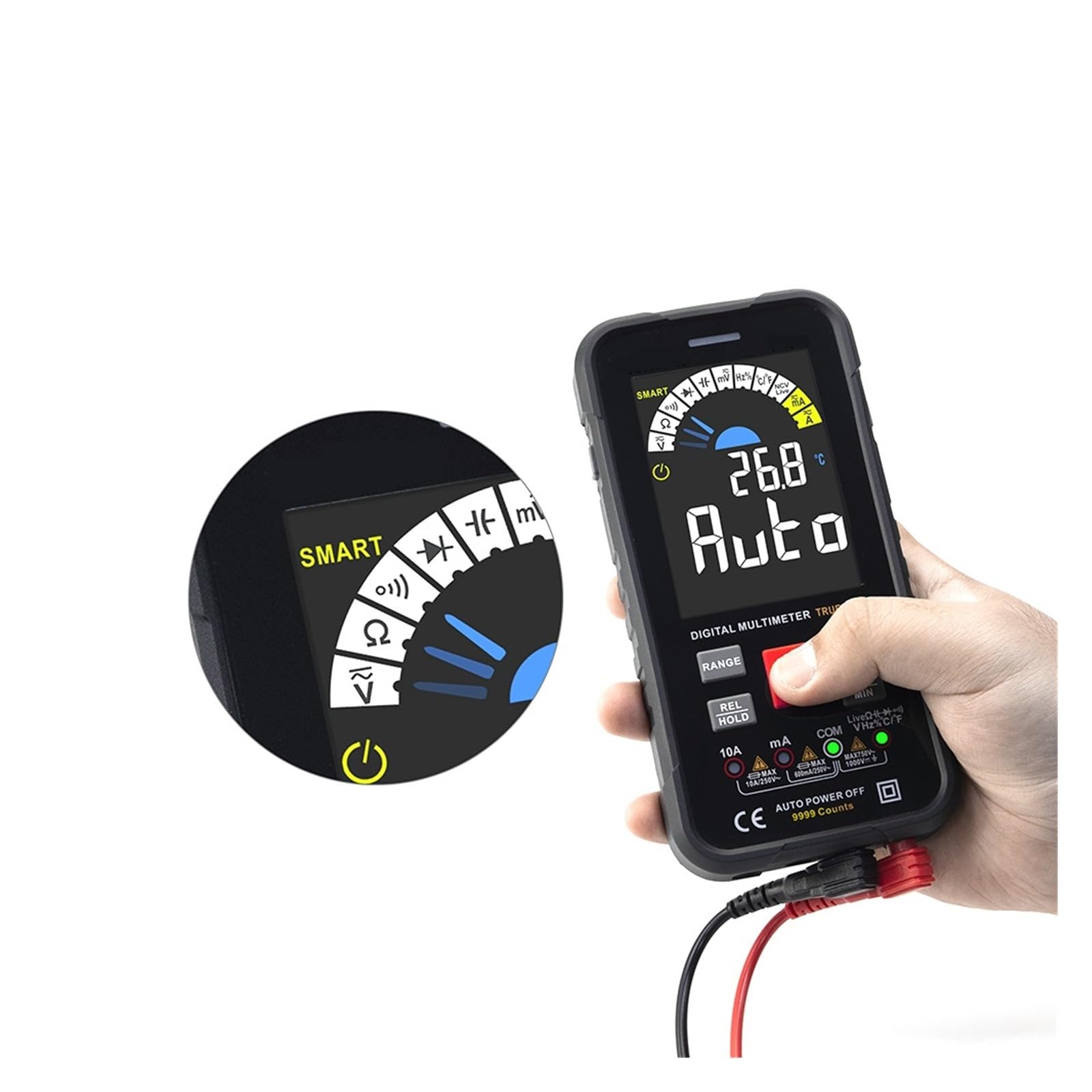 9999 Liczy Multimetr Cyfrowy Smart Auto Zakres 1000V 10A Miernik Testowy Ohm Pojemność REL True AC DC DMM Szybko Dokładnie Łatwy Odczyt(Red)