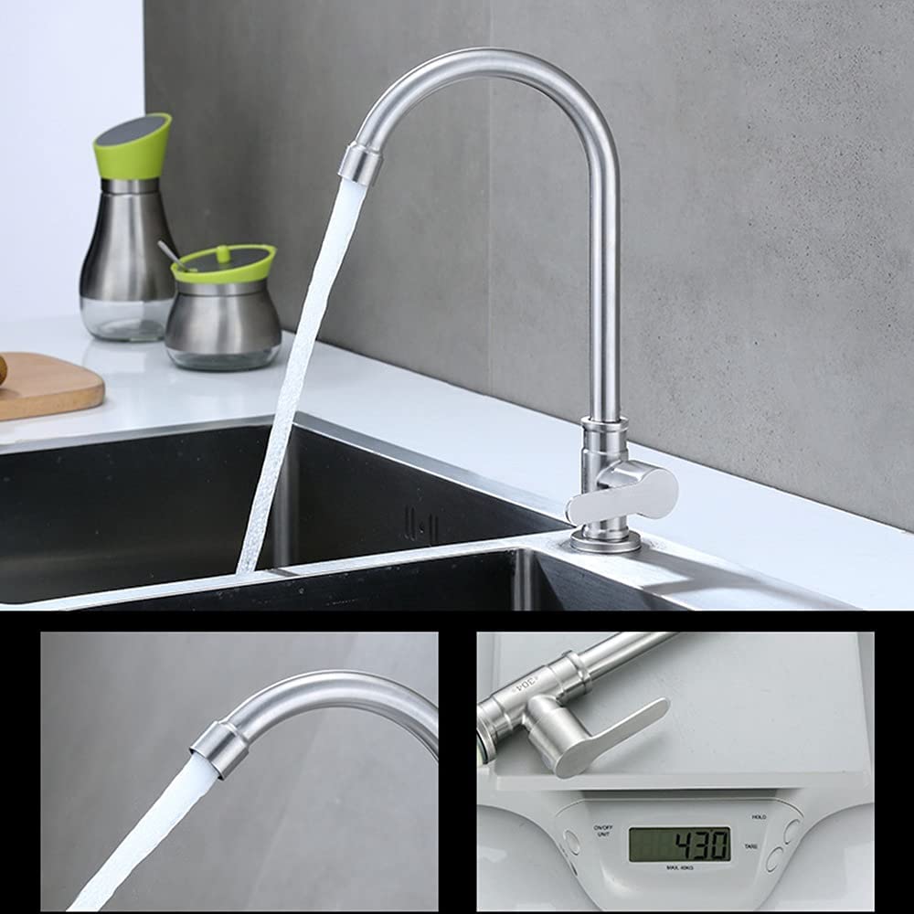 Grifo Giratorio de Acero Inoxidable 304 con una Sola manija, un Solo Orificio, Filtro de Fregadero de Cocina frío, Grifo de Agua con núcleo de válvula de Disco de cerámica espumada, Grifo de