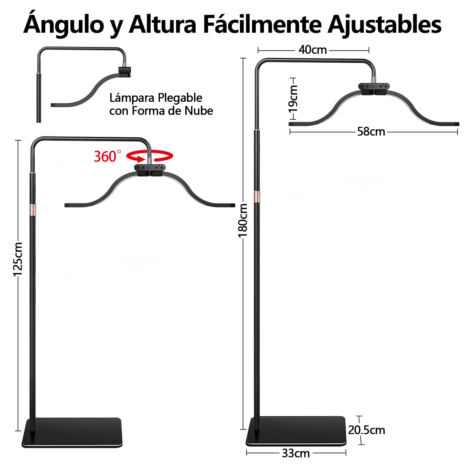 yAyusi Lámpara Pestañas Nubes de Pie con Soporte Teléfono, Retráctil Plegable Luz para Extensiones de Pestañas, Luz de Anillo de Belleza LED Regulable para Pestañas/Cuidado de Piel/Tatuajes (Negro)