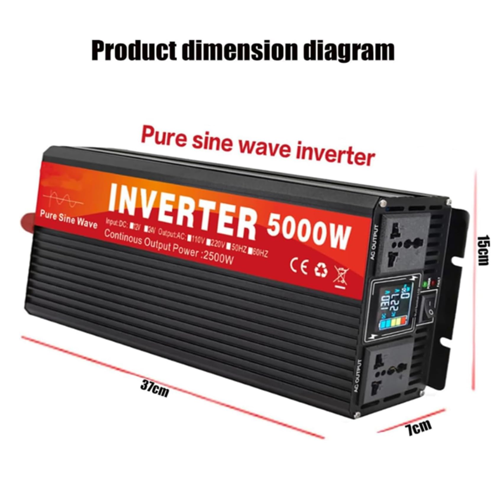 72v to 220v,72V DO 220V, Przenośny Inwerter Czystej Fali Sinusoidalnej 5000W z Podwójnym Gniazdkiem i Wyświetlaczem LCD 12V-72V DC na 120V/220V AC, Samochodowy Przetwornik Napięcia