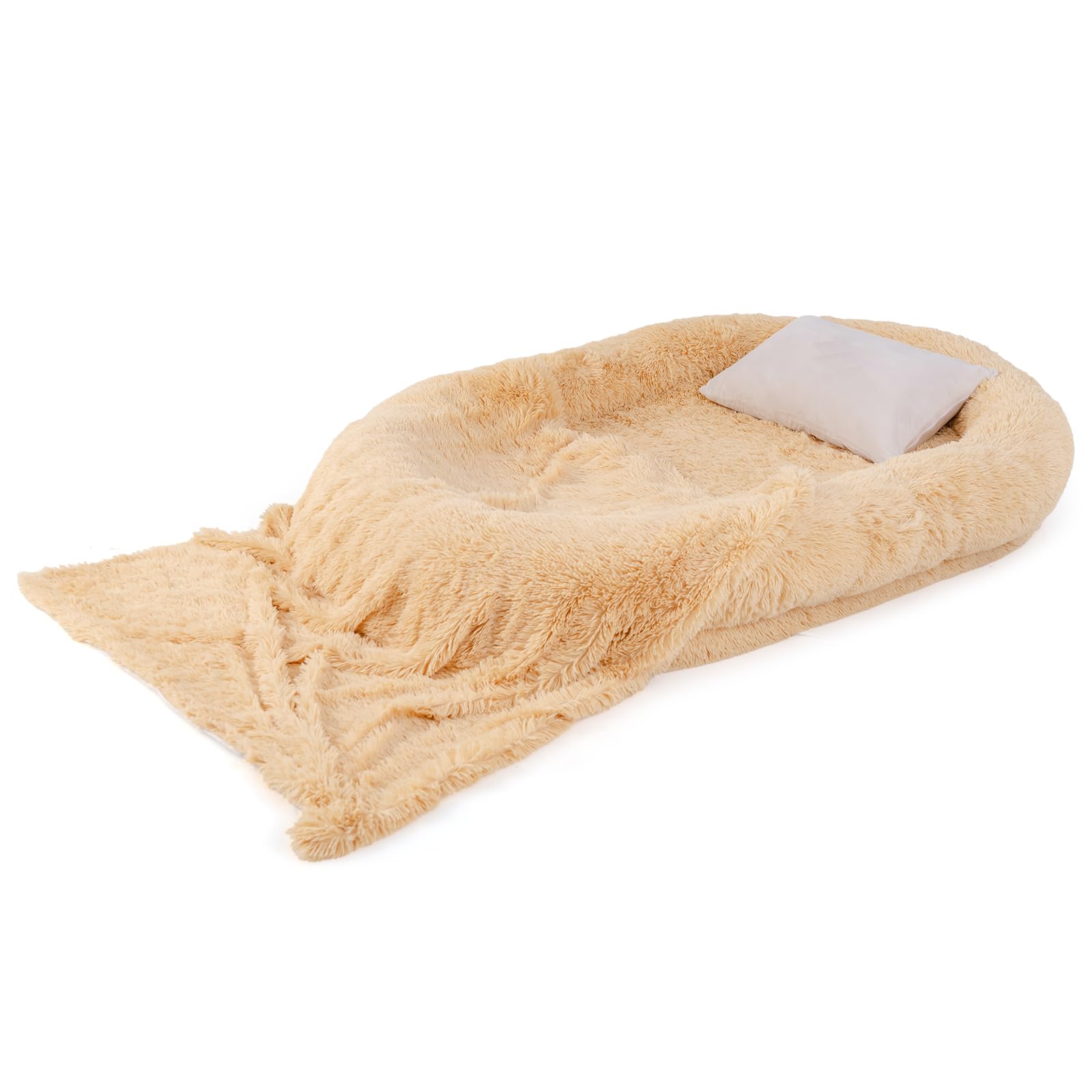 GYMAX Cama Perros Gigante para Personas y Mascotas, Cama Ortopédica Lavable de Piel Sintética para Perros, con Manta Suave, Almohada, Correa y Puf para Siesta para Perros Grandes