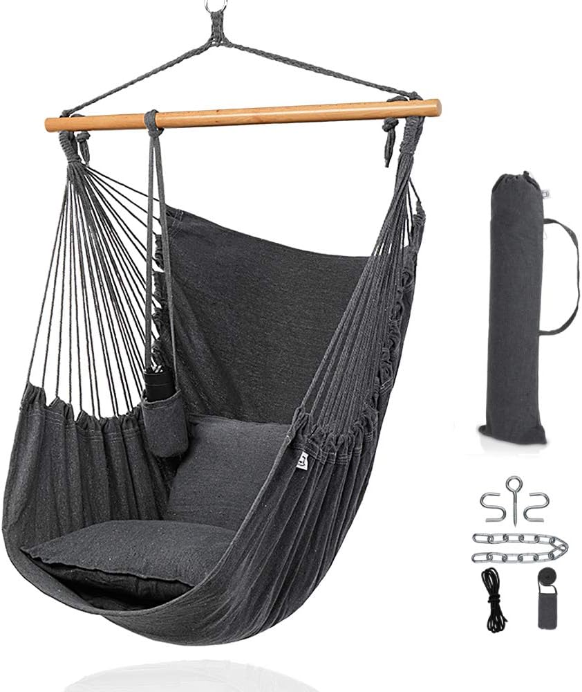 ONCLOUD XXL Large Hanging Rope Hammock Chair Porch Swing with 2 Pillows, Hanging Hardware and Drink Holder, Perfect for Indoor/Outdoor Home Bedroom Patio Deck Yard Garden (Grey)
