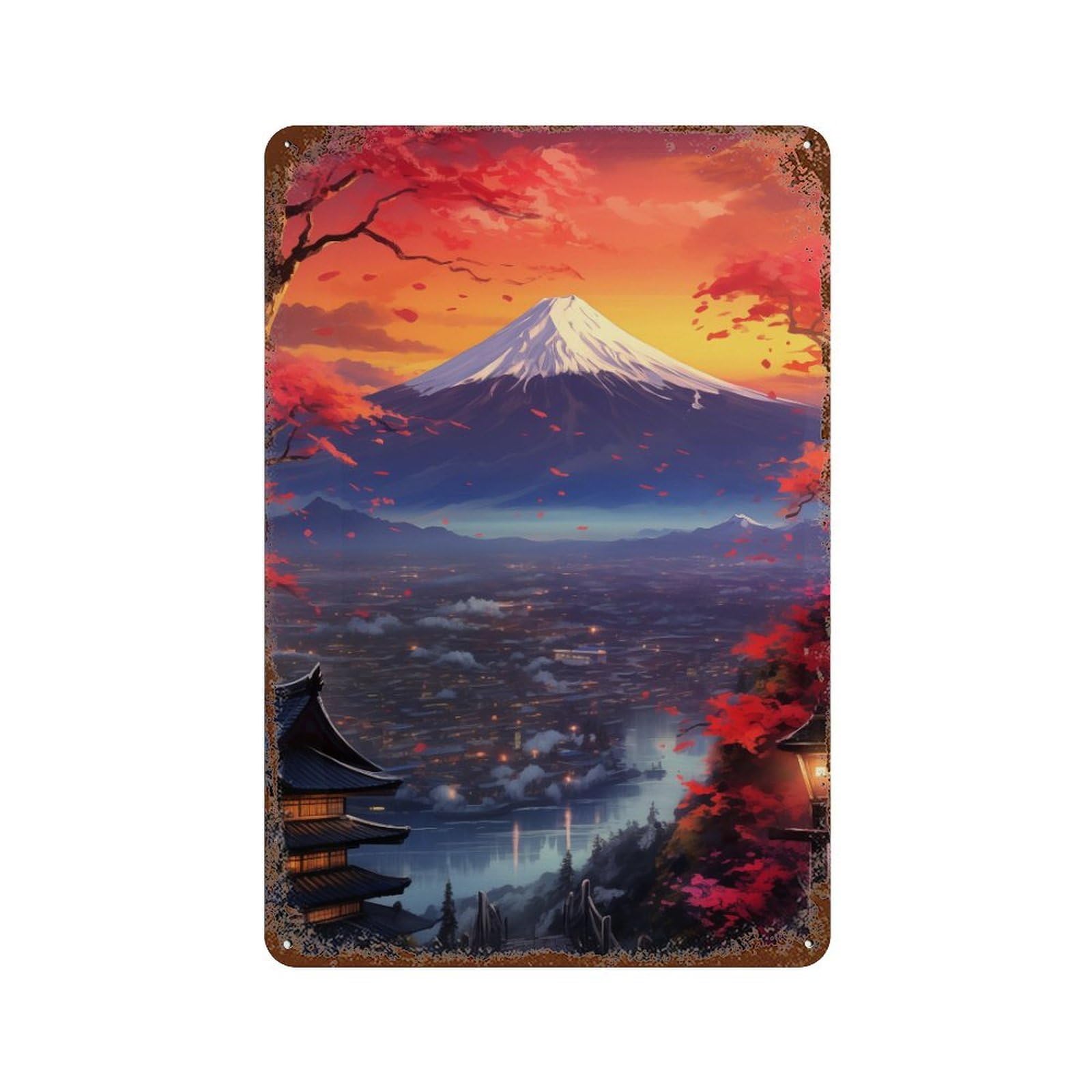 Japanese Sunset with Mount Fuji Rusty Metal Tin Sign 11.8"x7.9", for Shed, Workshop And Garage Wall Decor, Novelty Wall Decor
