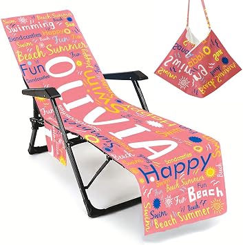 Summer Lounge Chair Towel Cover, Custom Pool Chair Cover with Name, Personalized Beach Chair Cover with Pockets, Chaise Lounge Cover for Pool Sunbathing, Garden, Beach, Hotel, Gifts Brick Red