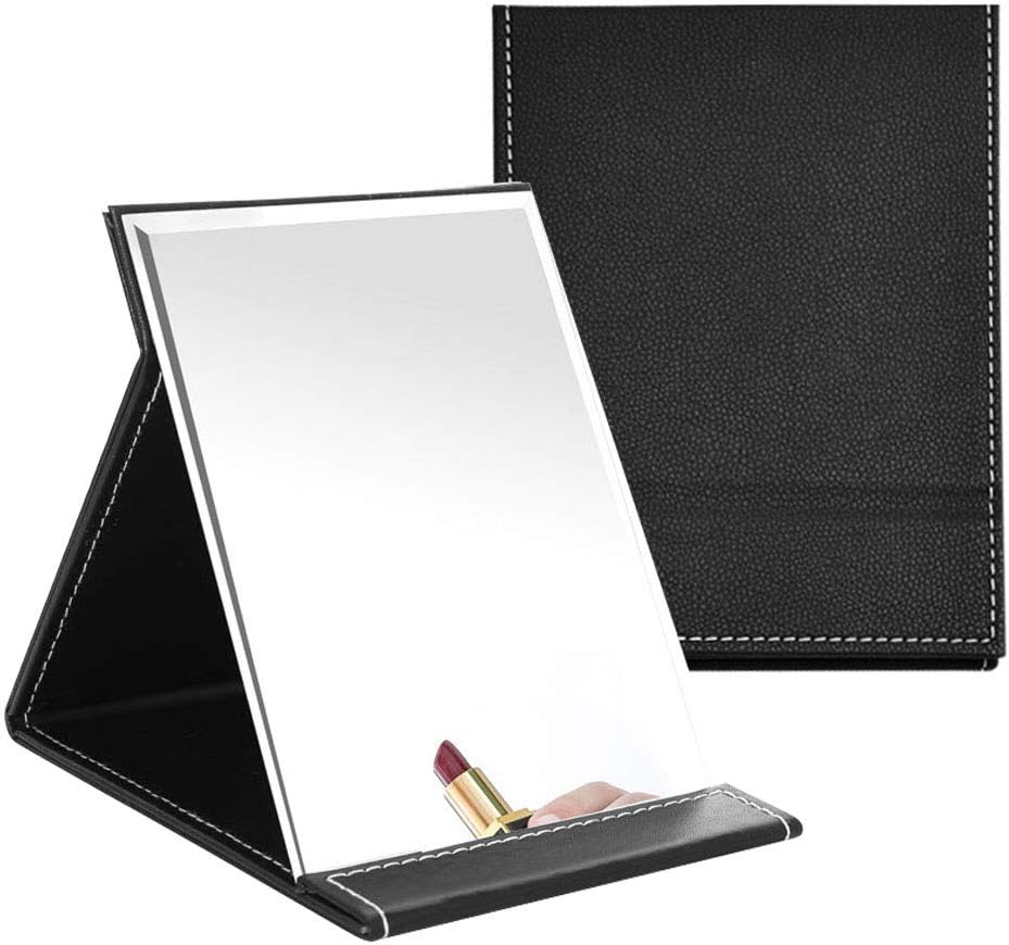 YMDZ Travel Folding Mirror PU Leather Table Top Mirror Makeup Mirror with Stand Compact Mirrors 6.69*4.8in, Black