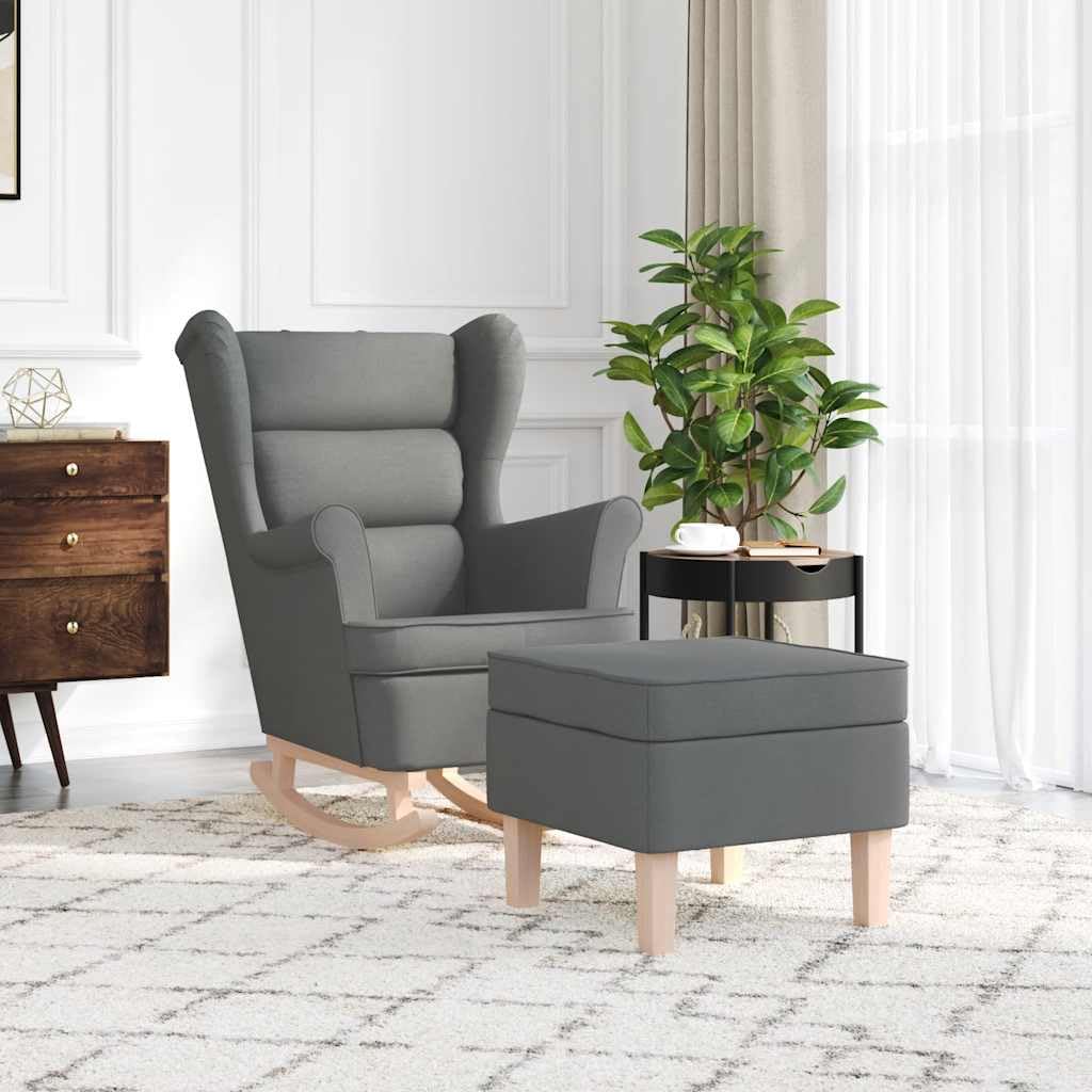 Poltrona a Dondolo con Poggiapiedi, Comfortevole Imbottitura in Gommapiuma, Tessuto 100% Poliestere e Legno di Gomma, Dimensioni 74x90x102 cm, Grigio Scuro for Soggiorno, Camera da Letto e Ufficio