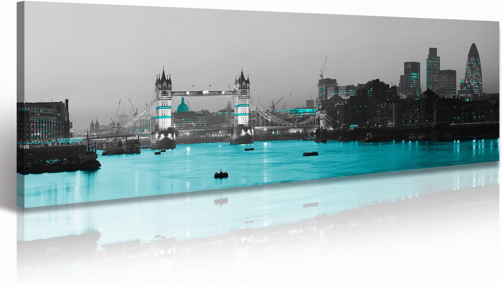 London Framed Wall Art Canvas - London Bridge Poster 14"X48" Black and White City Art Wall Decor for Bedroom Cityscape Skyline Nightscape Pictures Teal Turquoise River Thames Room Decorations