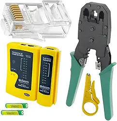 Kit Ferramentas Rede RJ45, 100 Conectores, Alicate de Crimpar, Testador, Decapador