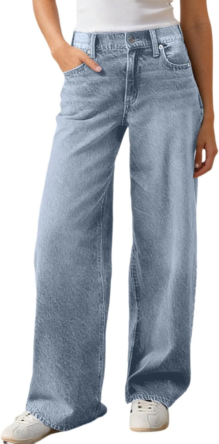 Generisch Summer Trousers Women's Trousers Lightweight Wide Cut Jeans with Dark Asymmetric Pockets Distinctive Belt Buckle - The Perfect Casual Everyday Jeans (Black, S)