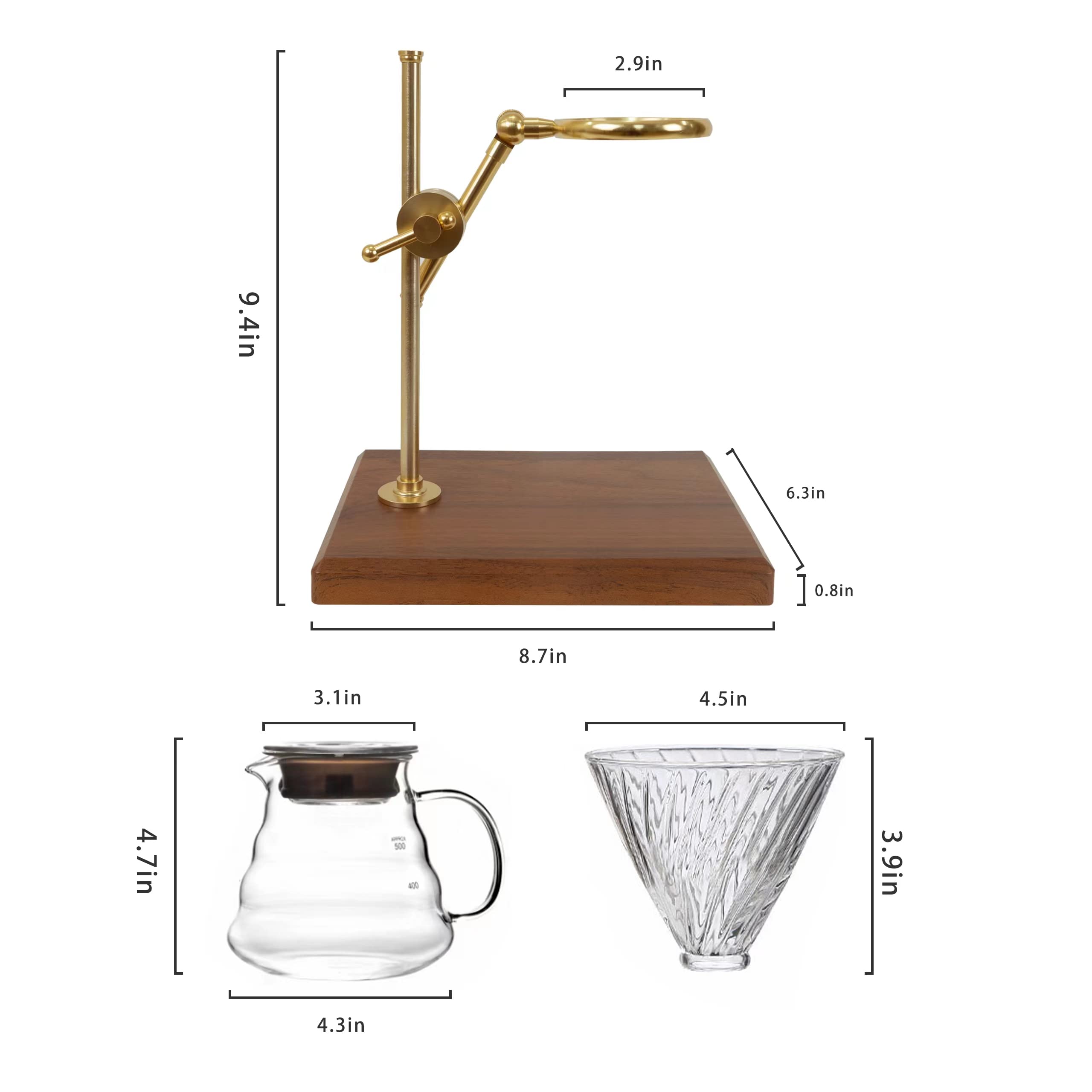 L'ÉPICÉA Juego de cafetera de vertido, cafetera con soporte, soporte ajustable de acero inoxidable, base de madera, filtros de papel, jarra de café de vidrio cónico, gotero de café