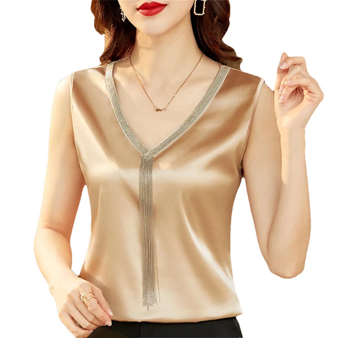 Camicetta da donna in seta, senza maniche, estiva, scollo a V, stile casual