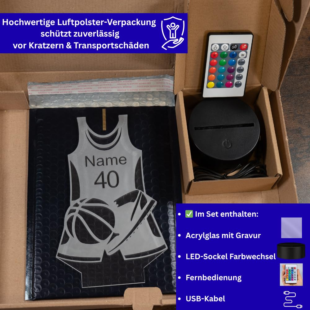 Personalisierte Basketball LED-Lampe - Das Geschenk Ideefür Basketballfans und Spieler, als deko und Nachtlicht Trikot mit Wunschname und Zahl