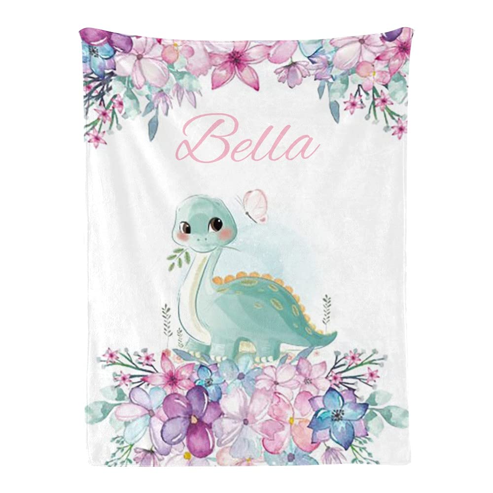Floral Watercolor Baby Dinosaur Baby Blanket with Name Custom Personalized Super Soft Nursery Fleece Throw Blankets for Newborns Baby Shower Girls Kids Birthday Gift 30 X 40 inch
