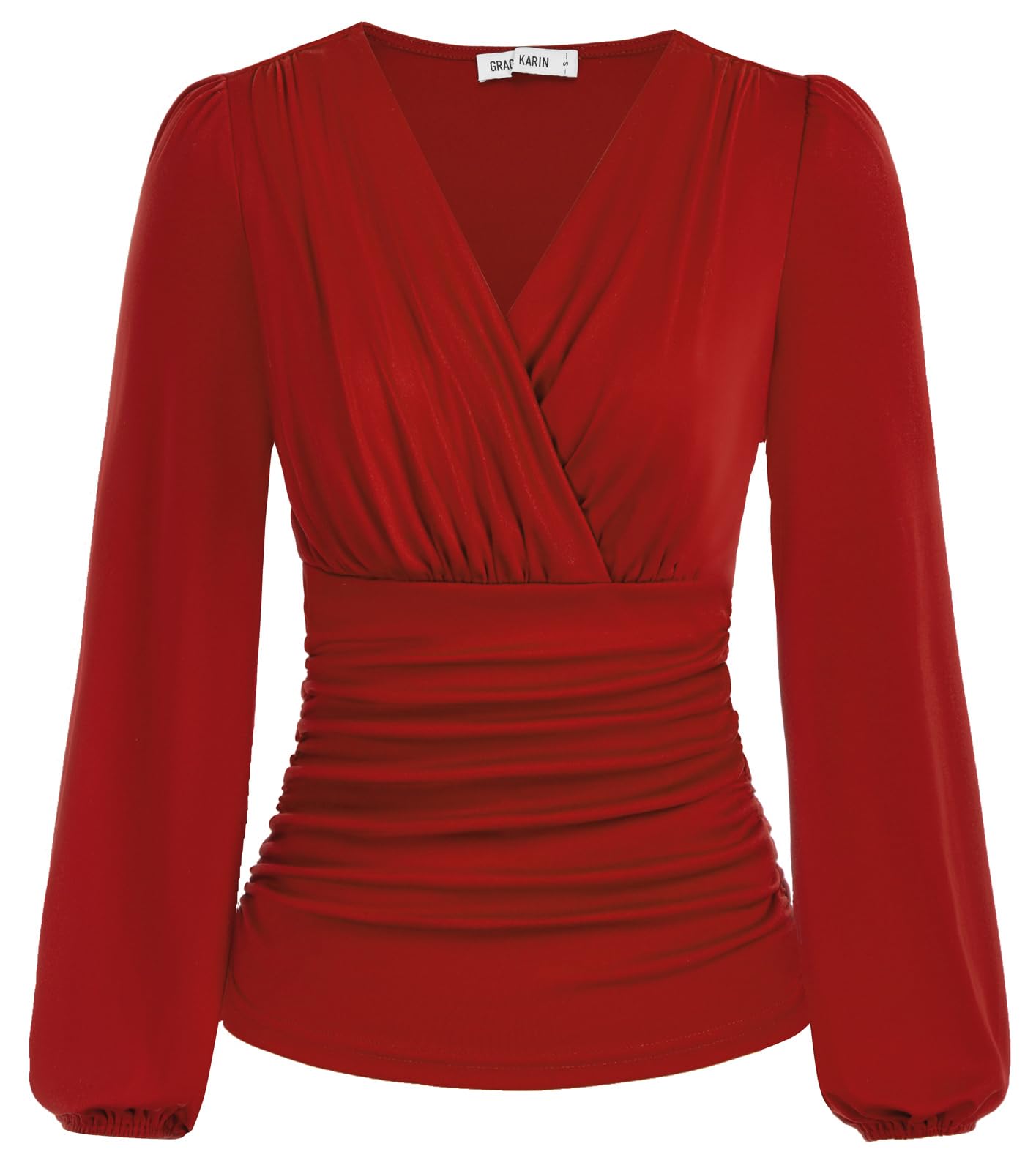 GRACE KARIN Dames zomer top korte ruches mouw V-hals ruches casual tops blouses vintage top, Geranium Rood, S