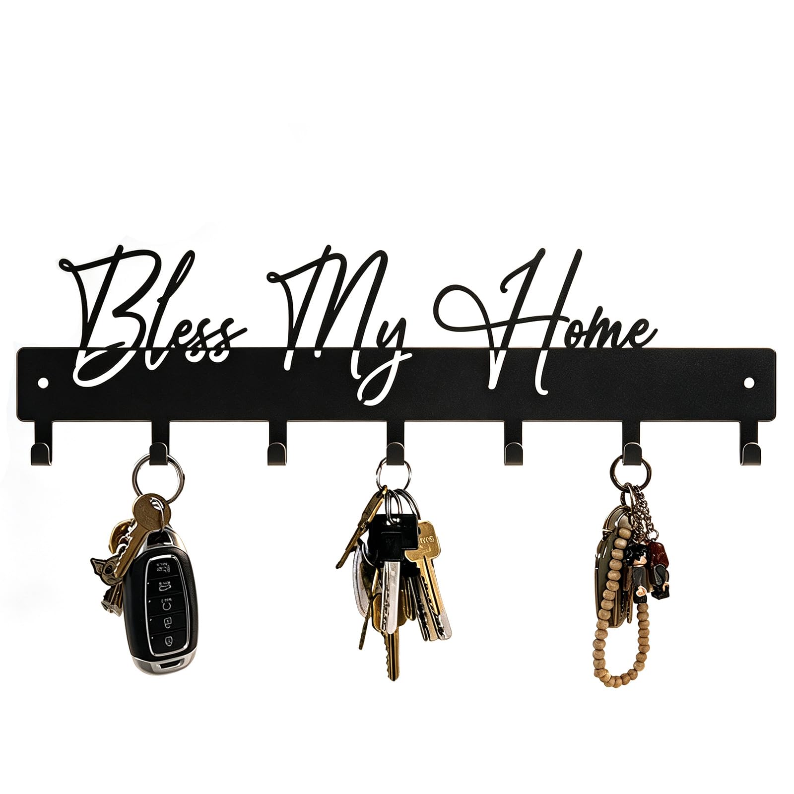 Exquisite Fashion Phrase Key Holder Wall Mount,Bless My Home Key Hooks for Wall Decoration,Black Metal Key Hanger with 7 Hooks for Entryway,Office,Living Room Decor