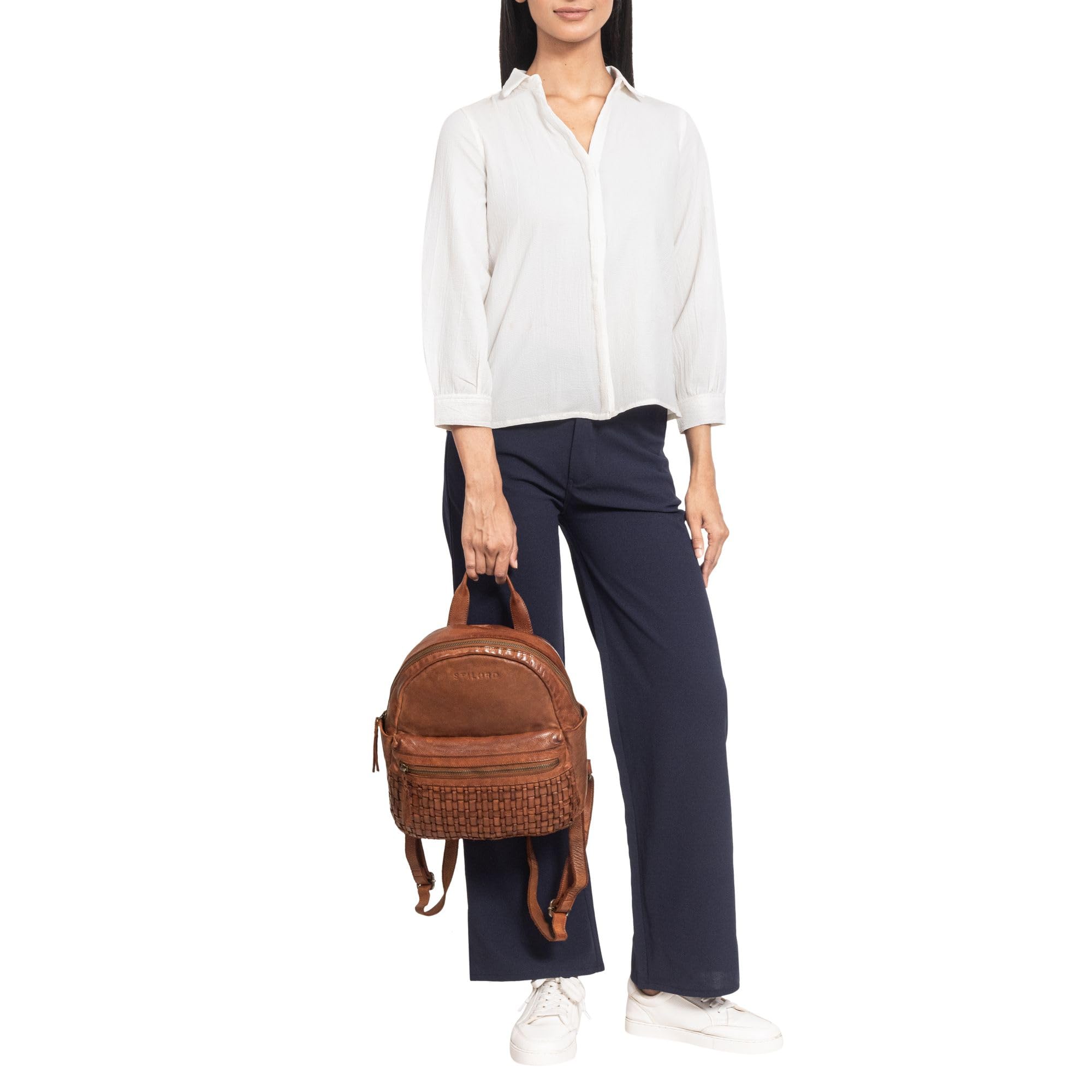STILORD 'Wichita' Leder Rucksack Damen Klein Geflochten Vintage Daypack Kleiner Cityrucksack Echtleder Frauen Boho Retro - Lederrucksack Weiches Leder