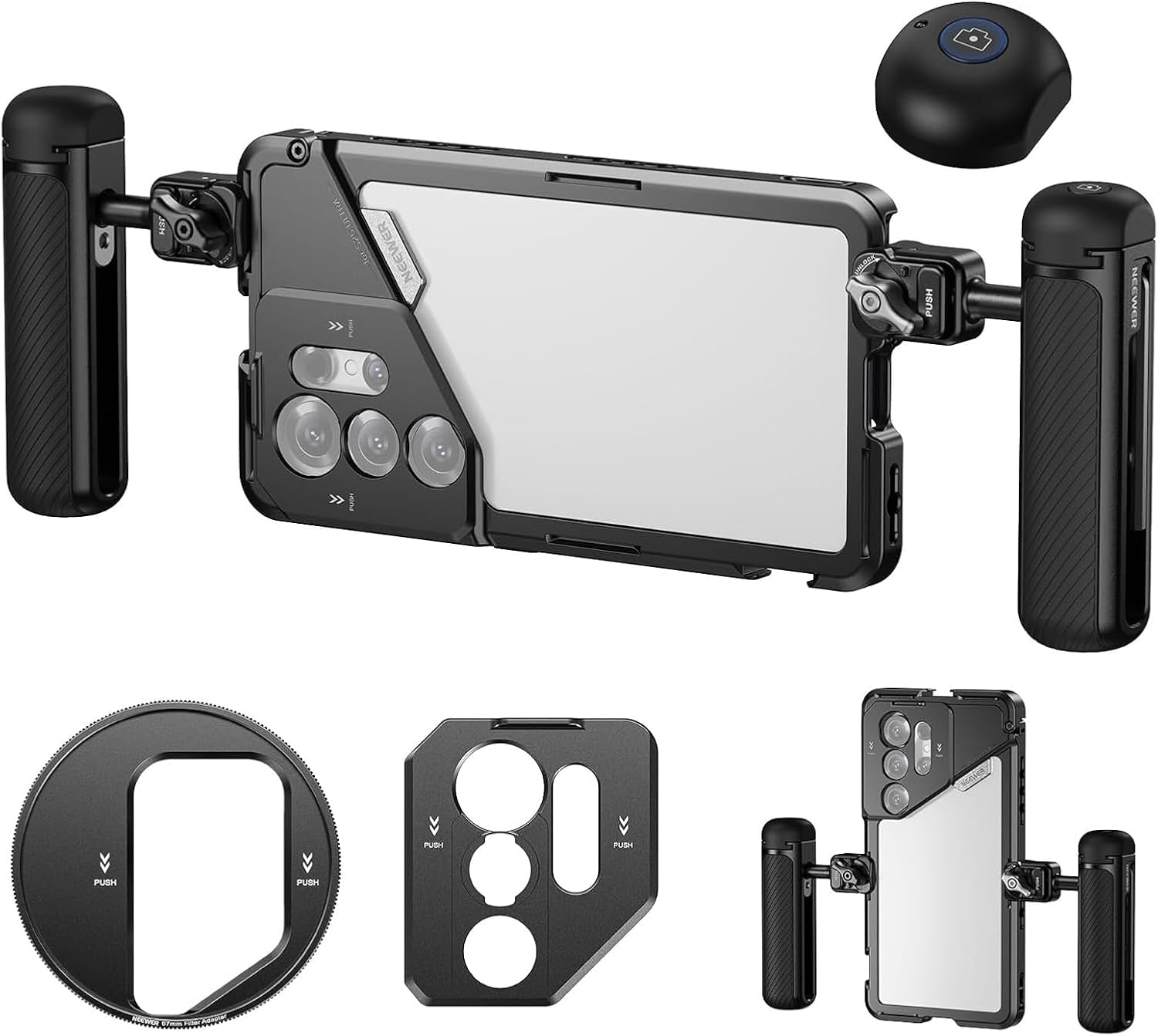 NEEWER PA082 S25 Ultra Phone Cage Holder for Recording Filming with 2X Handle, 67mm Filter Adapter, 17mm Lens Backplate, T Mount Adapter, Video Rig Stabilizer Compatible with Samsung Galaxy S25 Ultra