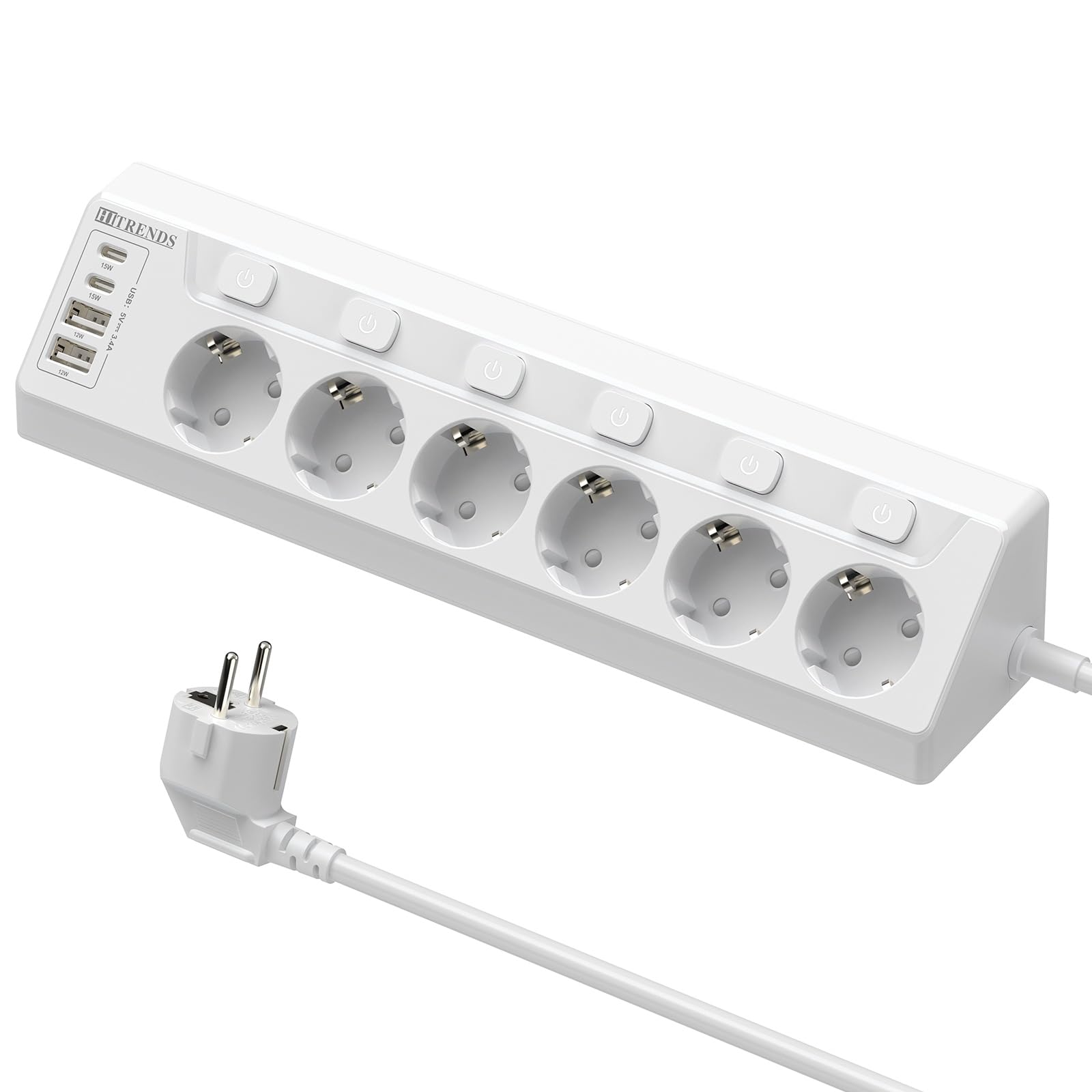 Listwa zasilająca z 2 gniazdami USB i 2 typami C, 6 gniazdek wielokrotnych z pojedynczym przełącznikiem, listwa zasilająca z przedłużaczem 2 m, do biurka, narożniki, kolor biały