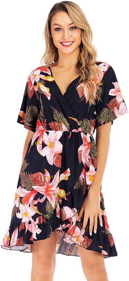 Women's Mini Dress Fashion Bohemian Floral Print Dresses Short Sleeve V Neck Irreguular Beach Dress Summer Casual Loose Elastic High Waist Ruffle Swing A-Line Dress Sundress