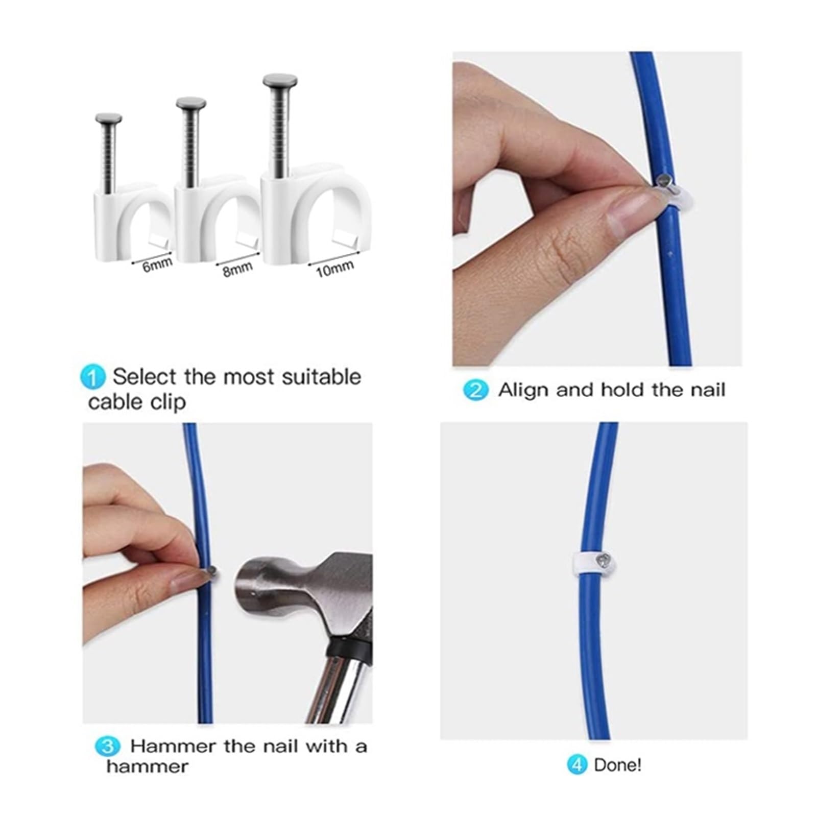 Kabelschellen Nagelschellen 100 STÜCKE PE-Kunststoff 4/5/6/7/8/9/10/12mm Kreis Kabelclip C-förmiger Kohlenstoffstahl(20mm)
