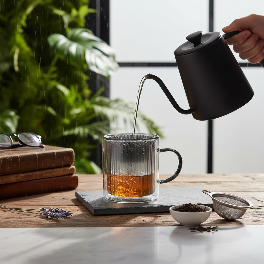 Deconox 250 ml Çift Cidarlı Borosilikat Cam Kupa - Antrasit Detaylı, Dikey Çizgili Isıya Dayanıklı Kahve ve Çay Bardağı