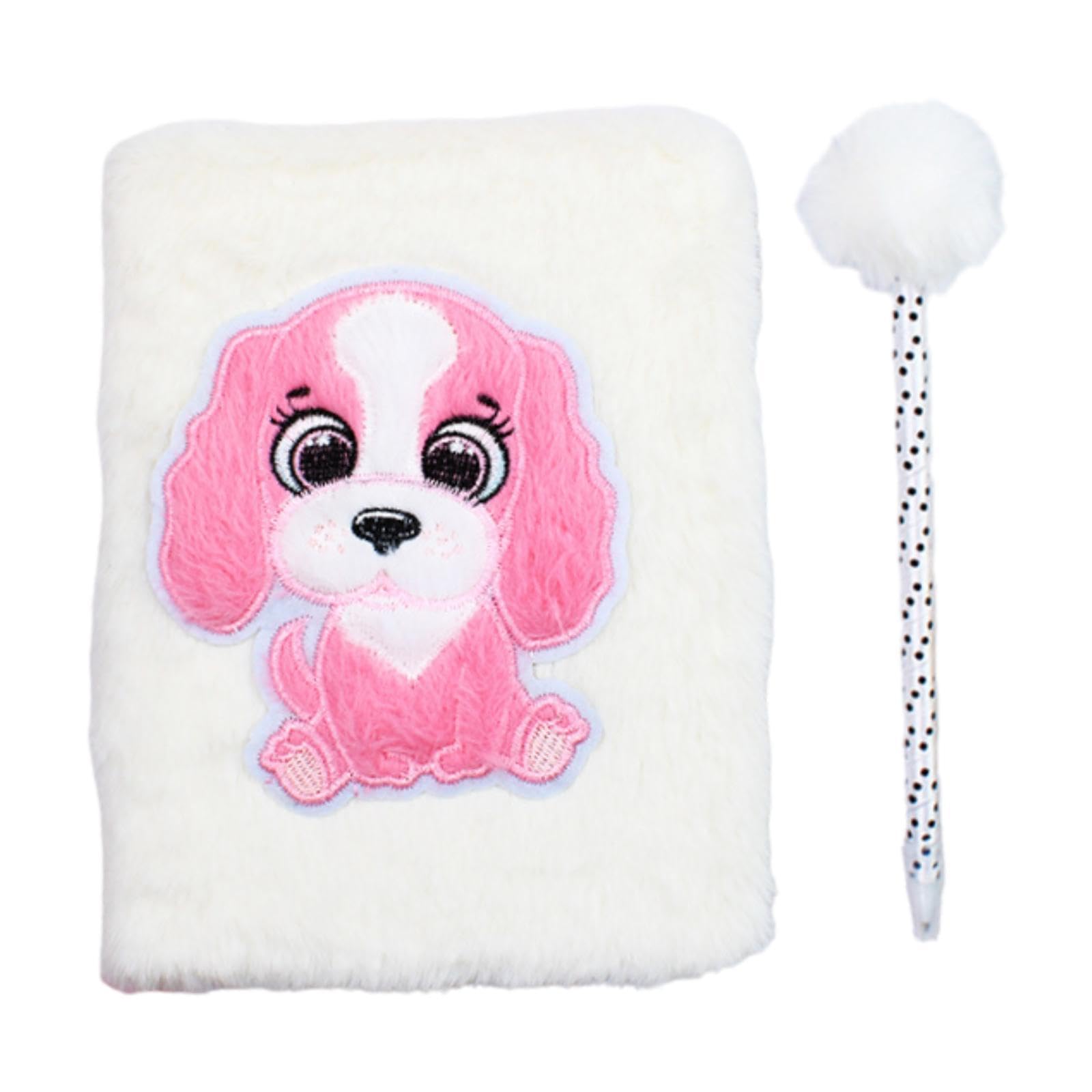 Carnet Peluche Cahier Agenda Carnet de Notes Couverture Douce Peluche Yeux Mobiles Brodés Écriture Lisse Stylo Adapté pour Maison École Cadeau Enfant, Chiot Blanc