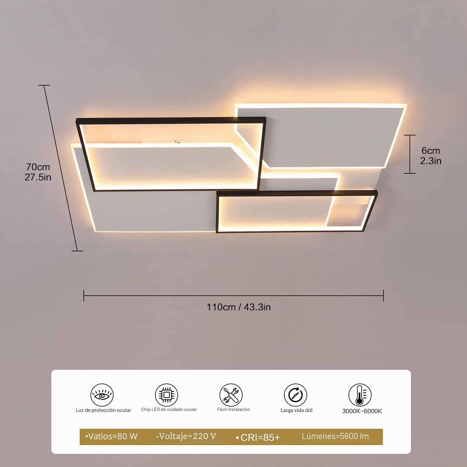 Lámpara de Techo LED 110CM, 80W 9000LM Plafón LED Regulable con Mando a Distancia, 3000K-6000K, Geometría Diseño Luz de Techo Moderna para Dormitorio, Sala de Estudio, Comedor, Negro y Blanco