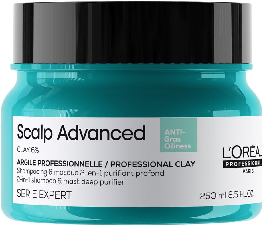 LโOrรฉal Professionnel | Scalp Advanced Anti-Oiliness 2-in-1 Deep Purifier Mask | For Oily and Greasy Hair | Contains 6% Clay | Instant Scalp Sebum Reduction | SERIE EXPERT | 250ml