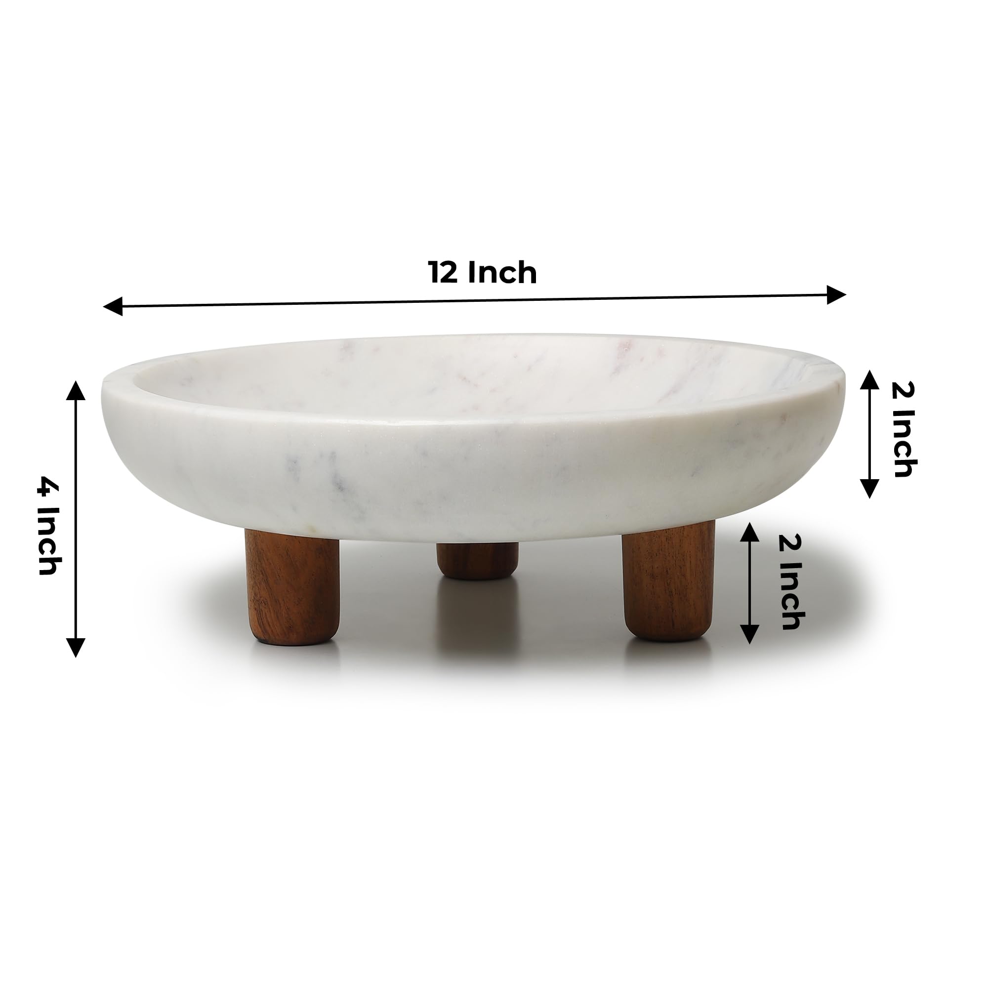 Marmor-Obstschale mit drei Holzbeinen, Obstschale für Küchentheke, 30 cm Durchmesser, Verwendung als Tafelaufsatz für Esstisch, Schlüsselschale für Dielentisch oder Potpurri/Dekorationen (groß)