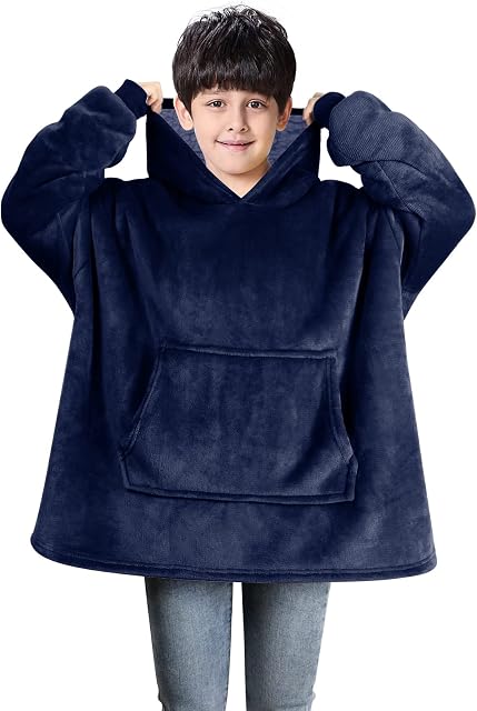 Uplayteck Oversized Hoodie Blanket for Kids, Wearable Blanket Super Soft Warm Comfy with Giant Hoody Plush Fleece One Size Cosy Hoody Jumper Fit for Kids Boys Girls Teens Indoor Outdoor (Blue)