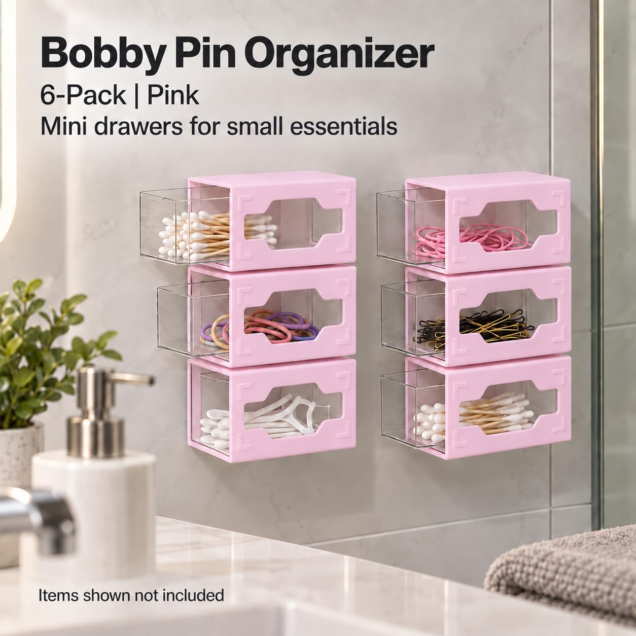 Bobby Pin Organizer, Mini Wall Drawers, 6-Pack (Pink)