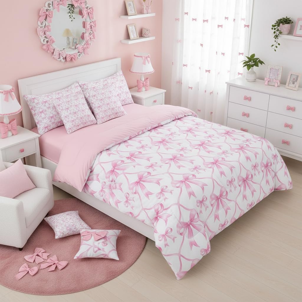 Erosebridal Pink Bowknot Queen Comforter Set Ribbon Bow 7 Pieces Bedding Bow Tie Bed Set with Sheets Cute Girly Bed in A Bag Bedroom Decor