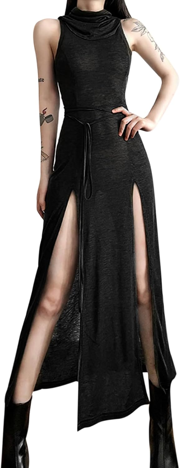 Women's Gothic Sleeveless Hooded Dress Y2K Side Split Hollow Out Midi Dress Bodycon Cocktail Party Club Dresses - Image 5