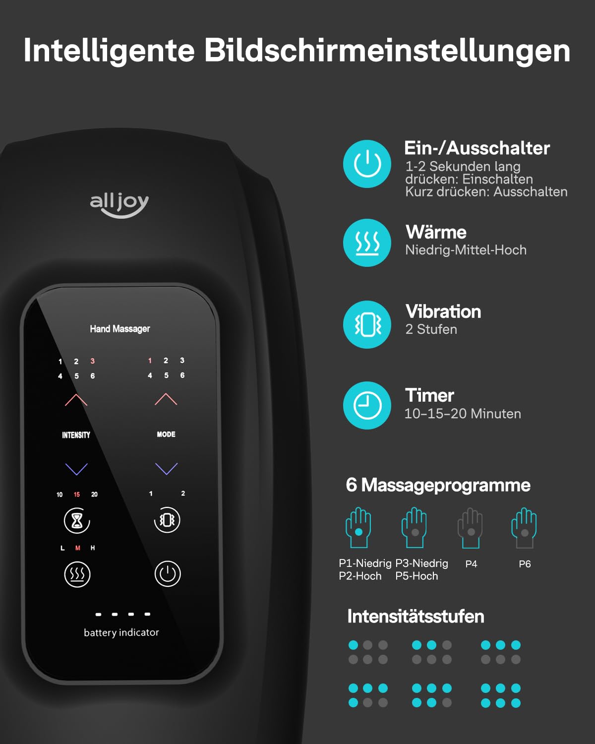 ALLJOY Handmassagegerät Touchscreen Shiatsu Wärme Kompression Arthritis