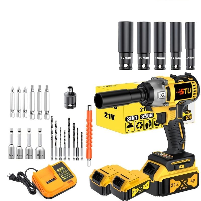 21V wireless impact wrench,Wireless drill/driver compatible with car (Battery * 2+Practical Accessories)