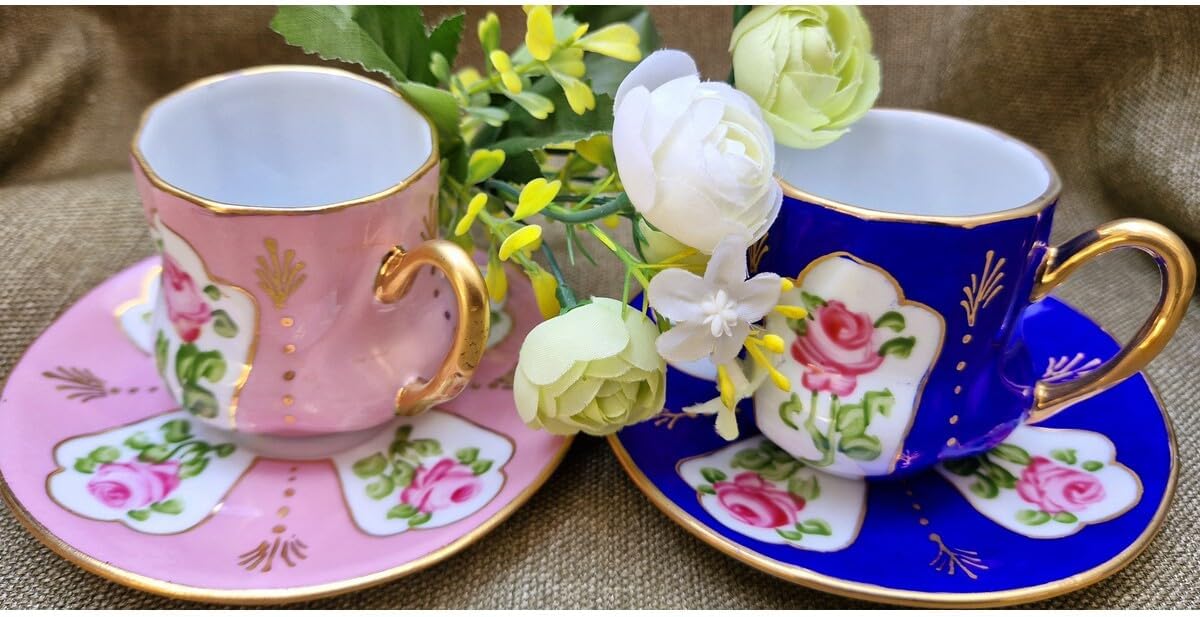 SODEF Espresso Cup Set Mini Porcelain Hand Painted 2 Piece Coffee Cup Set Blue 2.5 fl oz Modern Design for Coffee Lovers - Multicolor, One Size