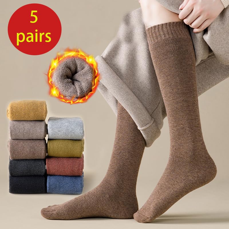 5 pares de calcetines cálidos de invierno for mujer, de color liso, transpirables y gruesos, hasta la rodilla, de algodón, informales.