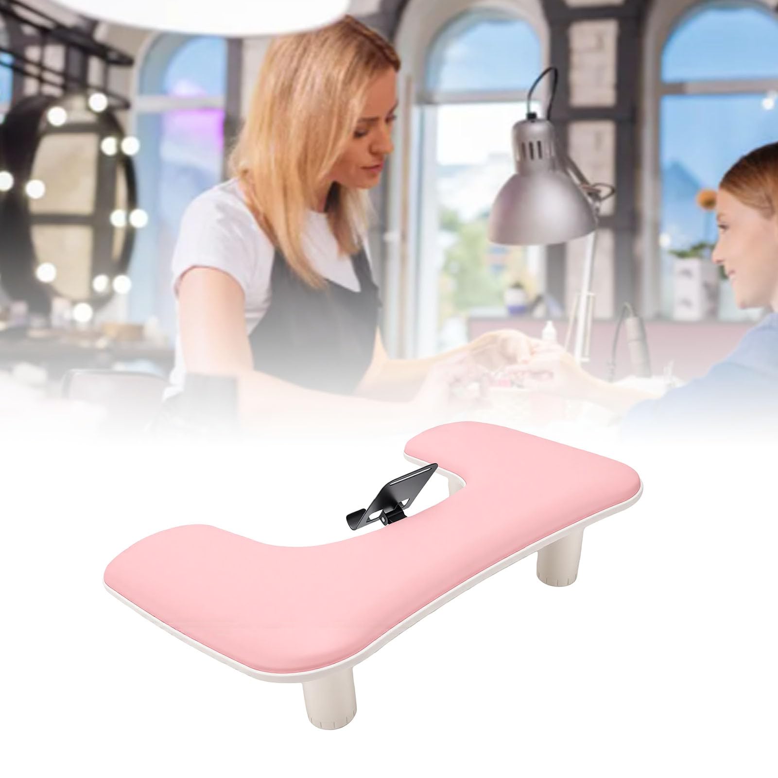Poggiabraccio per Manicure a Forma di U, Rosa | Supporto per telefono in pelle PU regolabile in altezza, 3 livelli, gambe di bloccaggio regolabili 80 a 150 mm per Nail Tech