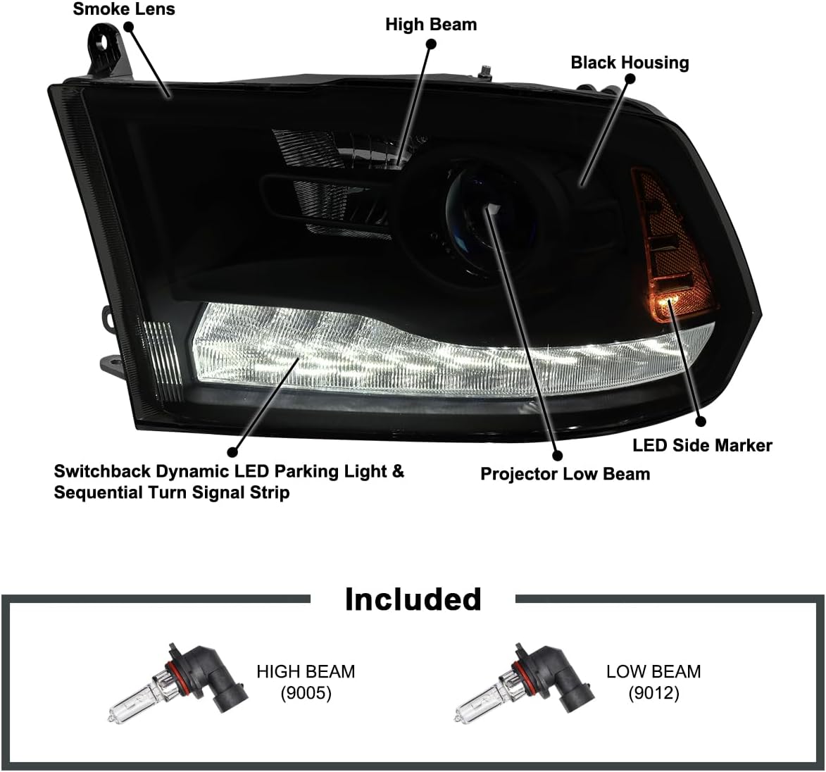 SPEC-D TUNING LED Black Smoke Projector Headlights w/Switchback and Sequential Turn Signals Compatible with 2009-2018 Dodge RAM 1500/2500 / 3500, 2019-2024 RAM 1500 Classic, Left + Right Pair