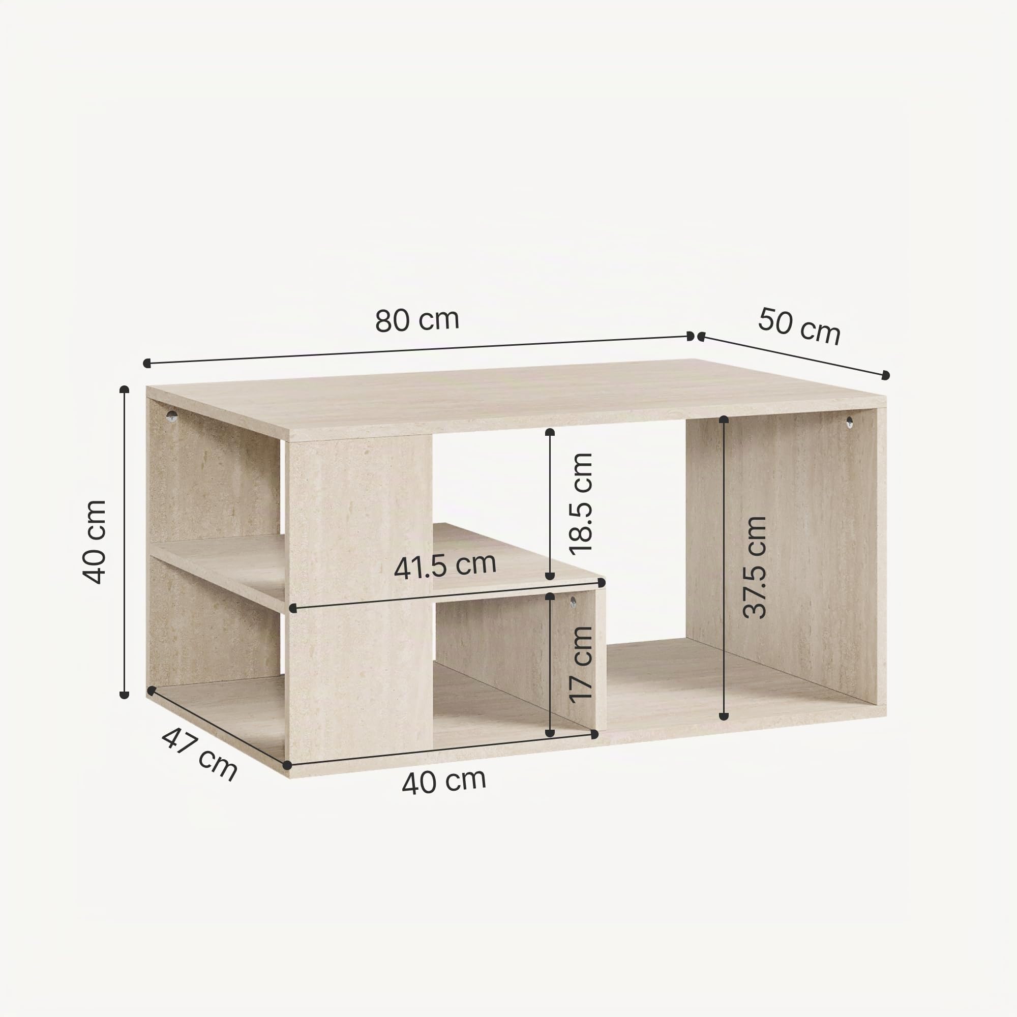 [en.casa] Tavolino da Salotto Centrale con Piano Rettangolare Tavolo Basso da Caffè con Scomparti Aperti per Soggiorno Living Studio 80 x 50 x 40 cm - Color Avorio Travertino