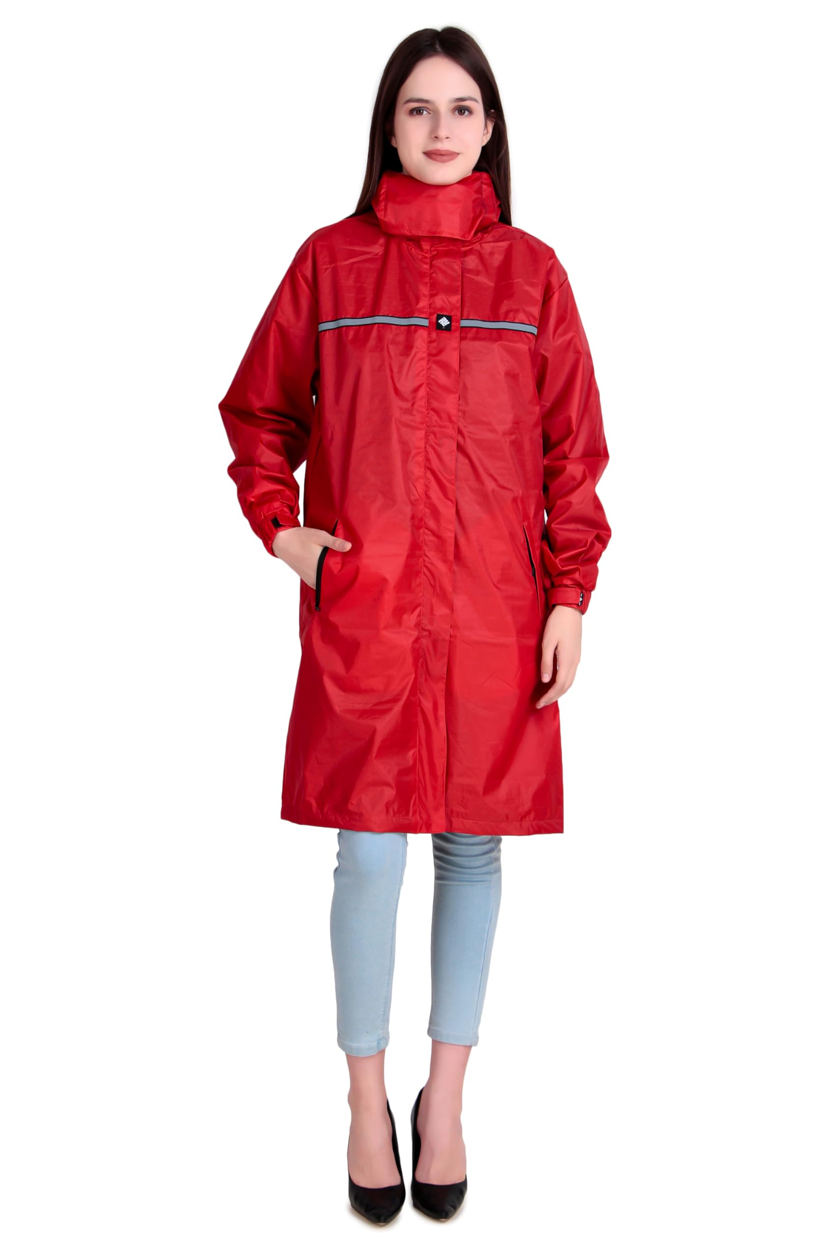 Polyester Solid Red Color Waterproof Duck Back Regular Fit Knee Length Hooded Raincoat for Women-image-42