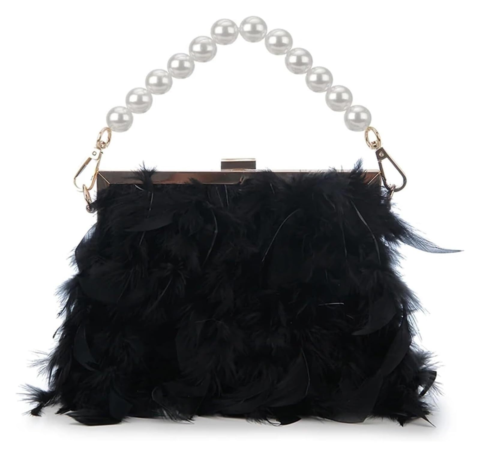 Pochette Fashion Feather Pochette Piuma Catena Di Perle Donna Multicolor 20x5x18cm(Black)