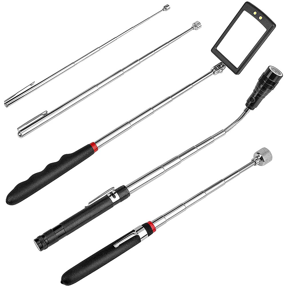 ANCLLO5PCS Telescoping Magnetic Pickup Tool Extendable Magnet Stick with 1.5LB 3LB and 15LB Telescoping Mirror, Telescoping Flashlight