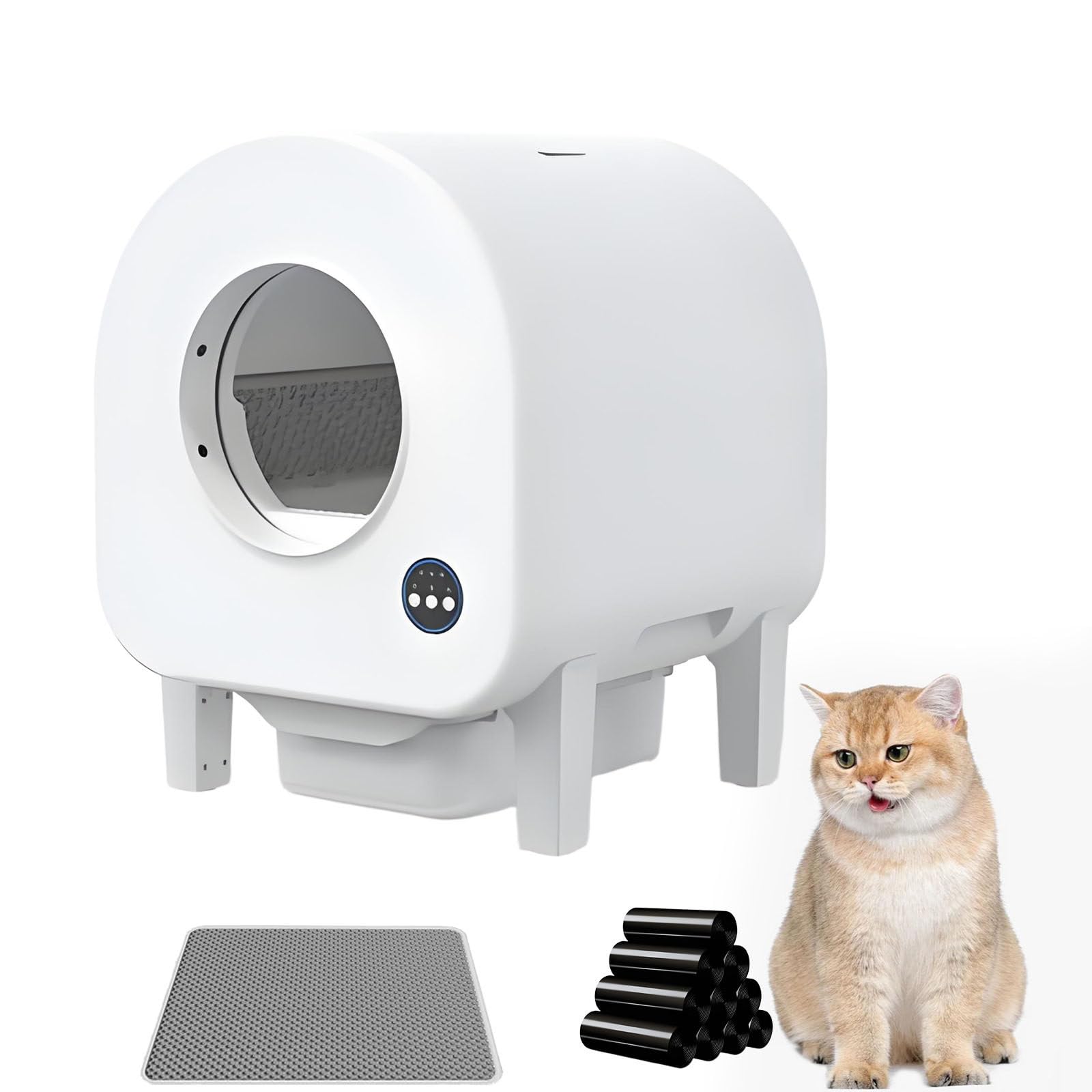 Arenero Autolimpiable para Gatos, Autolimpiable con ProteccióN De Seguridad Y Control Inteligente, Sin Olores, Gran Capacidad, Bolsas para Garaje Y Tapete para Arena, FáCil De Usar WiFimodel