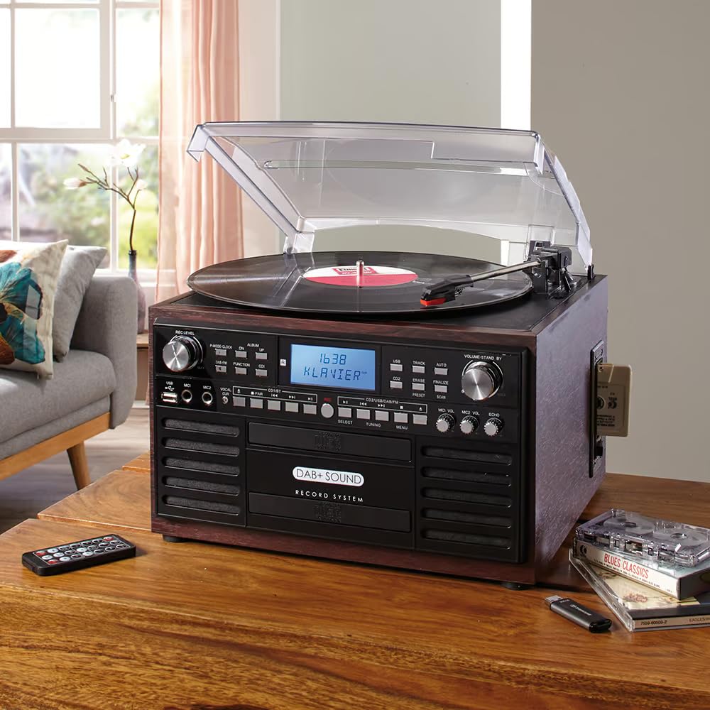 EUROtops Impianto musicale DAB+ con masterizzatore CD, giradischi e cassette | Bluetooth, registrazione USB, impianto compatto con 2 unità CD, impianto stereo, telecomando, grande display, impianto Hi-Fi