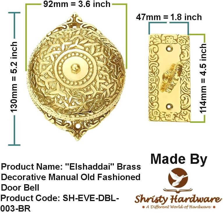 "Elshaddai" Brass Manual Old Fashioned Door Bell – Vintage Twist Bell – Mechanical Turn Door Bell for Home – (Pack of 1 Polished Lacquered) PT-2